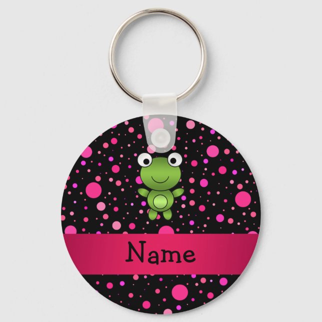 Personalized name frog black pink polka dots keychain (Front)
