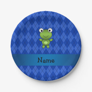 Personalized name frog blue argyle paper plate