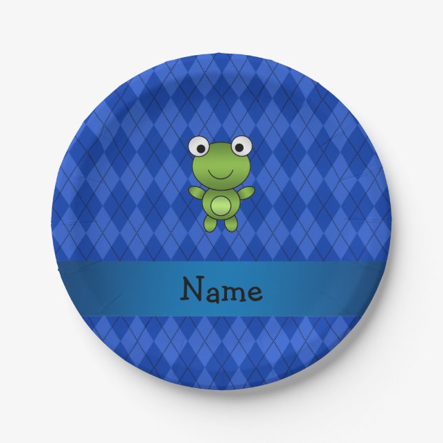 Personalized name frog blue argyle paper plate (Front)