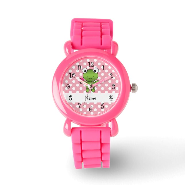 Personalized name frog cupcake pink polka dots watch (Front)