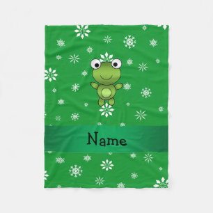 Personalized name frog green snowflakes fleece blanket