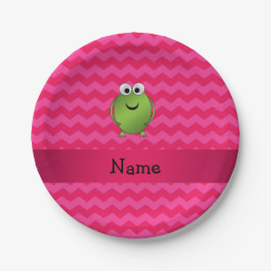 Personalized name frog pink chevrons paper plate