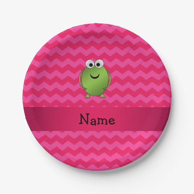 Personalized name frog pink chevrons paper plate (Front)