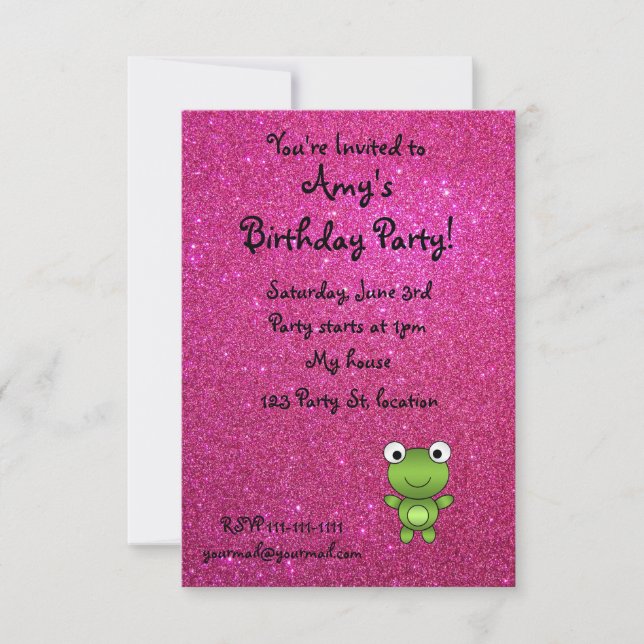 Personalized name frog pink glitter invitation (Front)