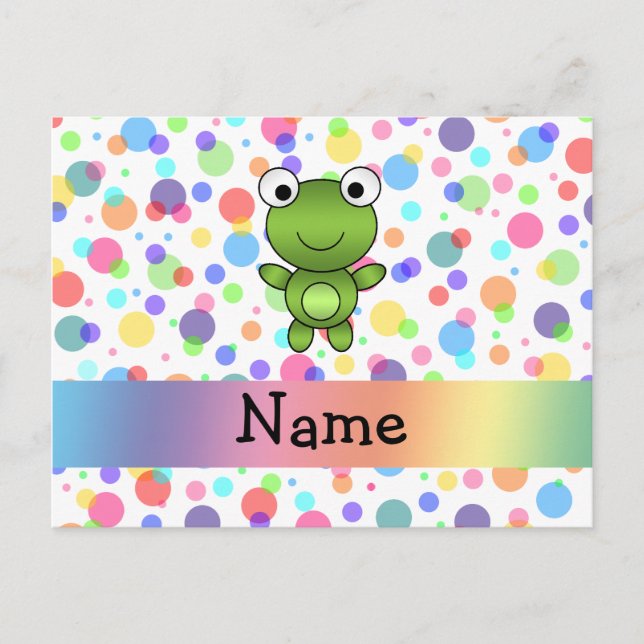 Personalized name frog rainbow polka dots postcard (Front)
