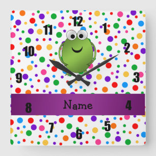 Personalized name frog rainbow polka dots square wall clock
