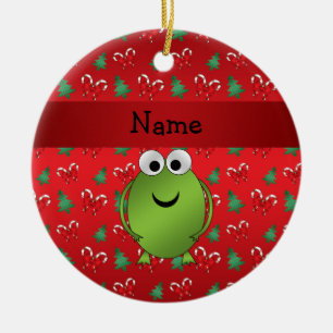 Personalized name frog red candy canes trees ceramic ornament