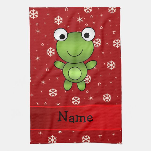 Personalized name frog red snowflakes kitchen towel (Vertical)