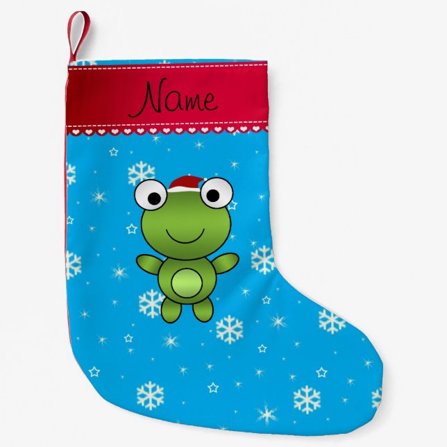 Personalized name frog sky blue snowflakes small christmas stocking (Front)