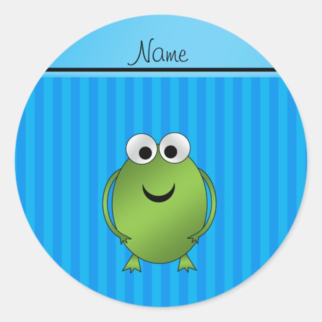 Personalized name frog sky blue stripes classic round sticker (Front)
