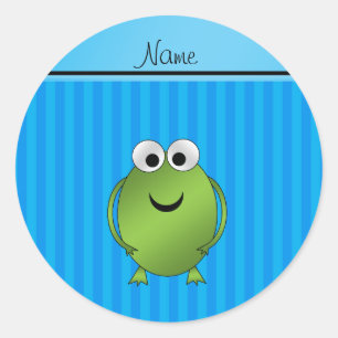 Personalized name frog sky blue stripes classic round sticker