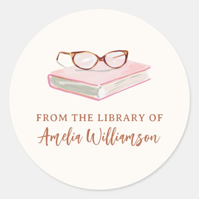 Personalized Name From The Library Pink Bookplate Classic Round Sticker (Front)