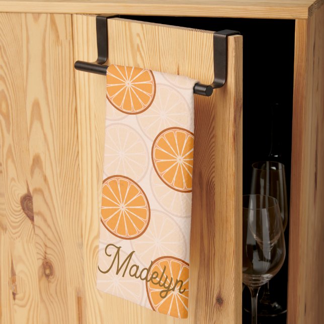 Personalized name fruit orange and brown kitchen towel (Thirds Fold)
