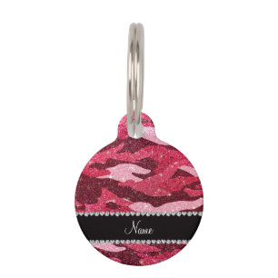 Personalized name fuchsia pink glitter camouflage pet tag