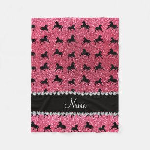 Personalized name fuchsia pink glitter horses fleece blanket