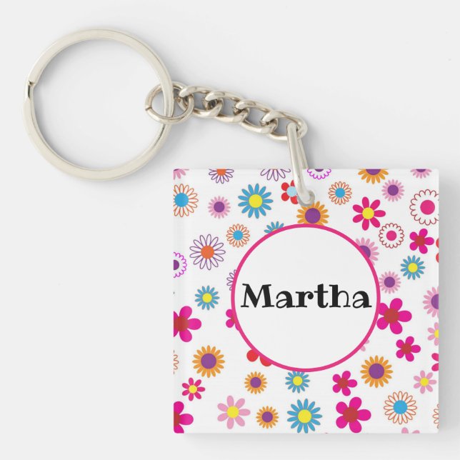 Personalized Name Fun Colourful Happy Flowers  Key Keychain (Front)