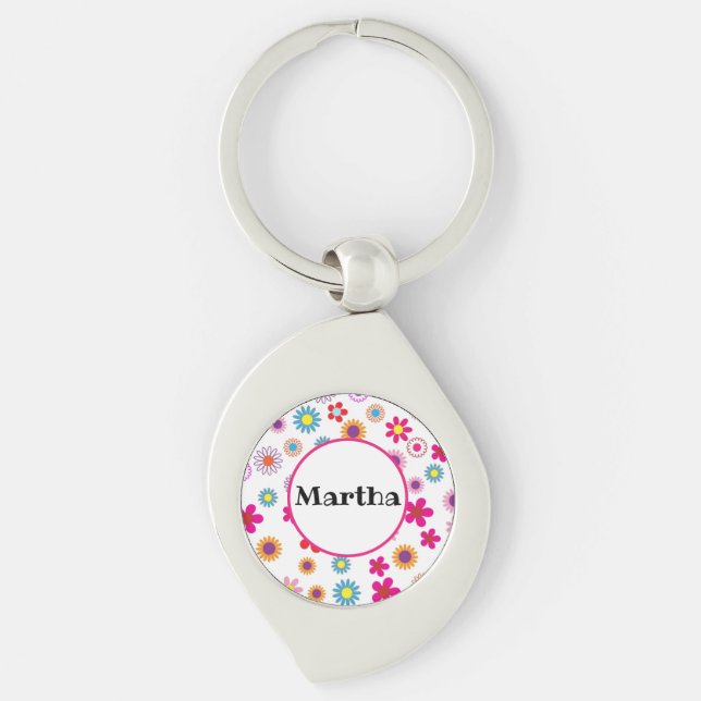 Personalized Name Fun Colourful Happy Flowers  Keychain (Front)