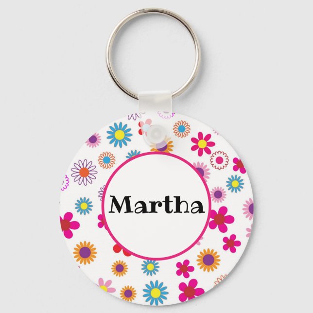 Personalized Name Fun Colourful Happy Flowers  Keychain (Front)