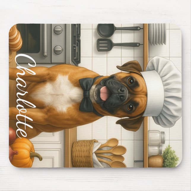 Personalized Name Funny Boxer Dog Loving Chef Mouse Pad (Front)