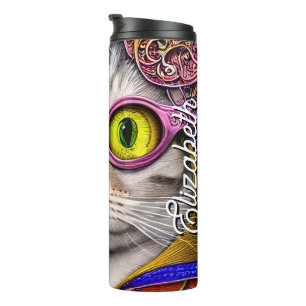 Personalized Name Funny Cat Funky Glasses Thermal Tumbler