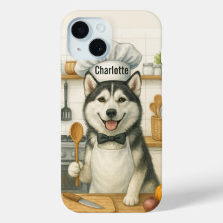 Personalized Name Funny Siberian Husky Dog Chef iPhone 15 Case