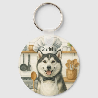 Personalized Name Funny Siberian Husky Dog Chef Keychain