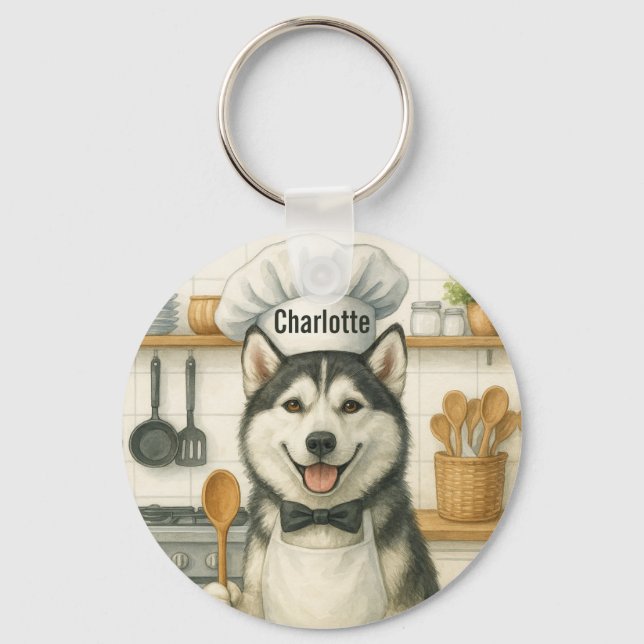 Personalized Name Funny Siberian Husky Dog Chef Keychain (Front)