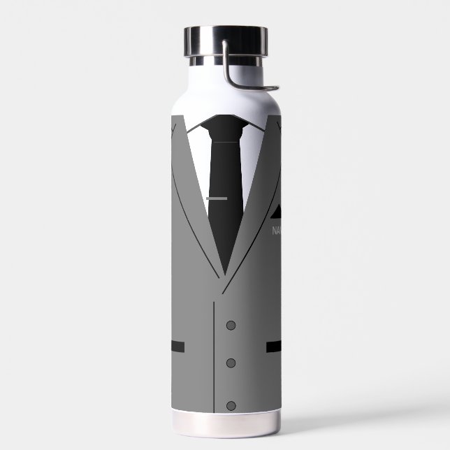 Personalized Name Funny Water Bottle Grey Suit Tie (Left)