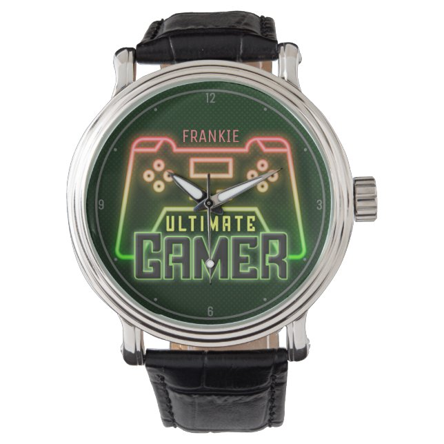 Personalized NAME Gamer Faux Neon Retro Video Game Watch (Front)