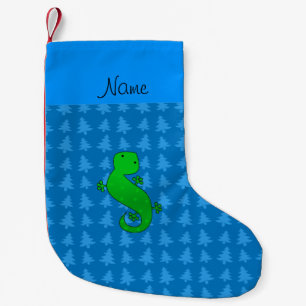 Personalized name gecko blue christmas trees small christmas stocking