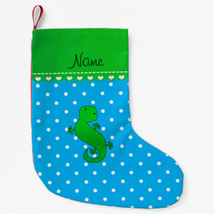 Personalized name gecko blue polka dots small christmas stocking