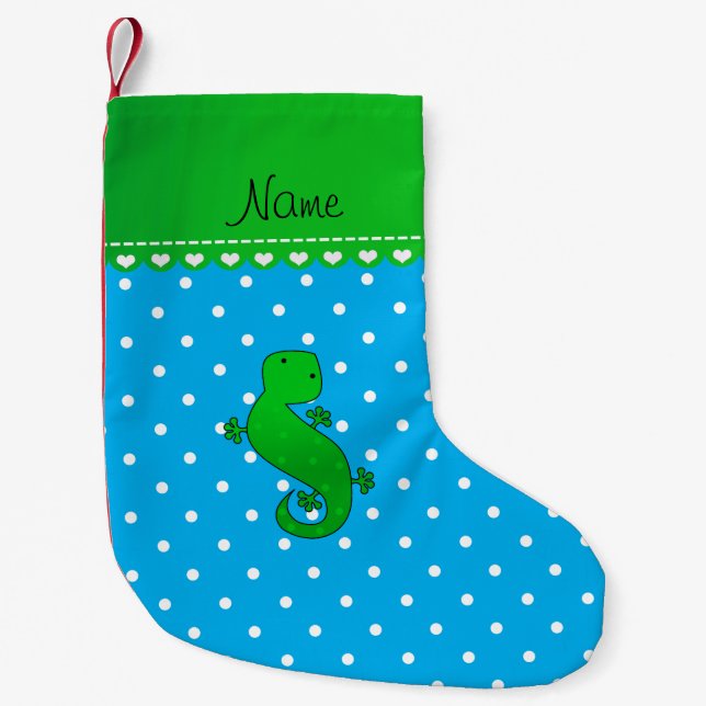 Personalized name gecko blue polka dots small christmas stocking (Front)