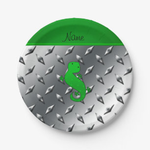 Personalized name gecko silver diamond plate steel