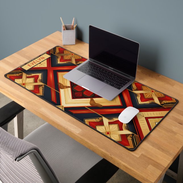 Personalized Name Geometric Elegance Red Gold Desk Mat (Office 2)