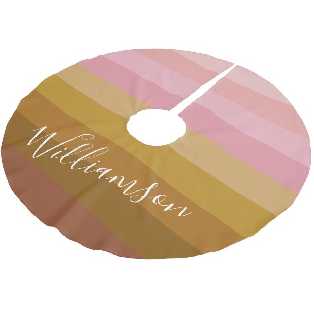 Personalized Name Geometric Stripes Pink and Brown Brushed Polyester Tree Skirt (Angled)