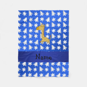 Personalized name giraffe blue snowflakes trees fleece blanket