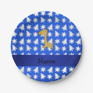 Personalized name giraffe blue snowflakes trees paper plate