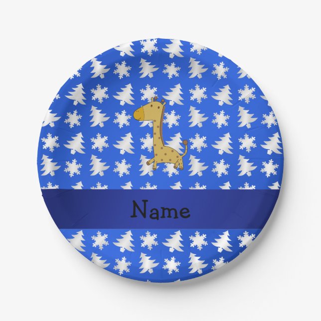 Personalized name giraffe blue snowflakes trees paper plate (Front)