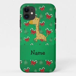 Personalized name giraffe green candy canes bows iPhone 11 case
