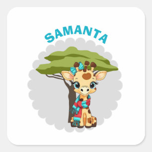  Personalized "Name" Giraffe in the Savanna Waterp Square Sticker