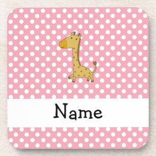 Personalized name giraffe pink polka dots coaster