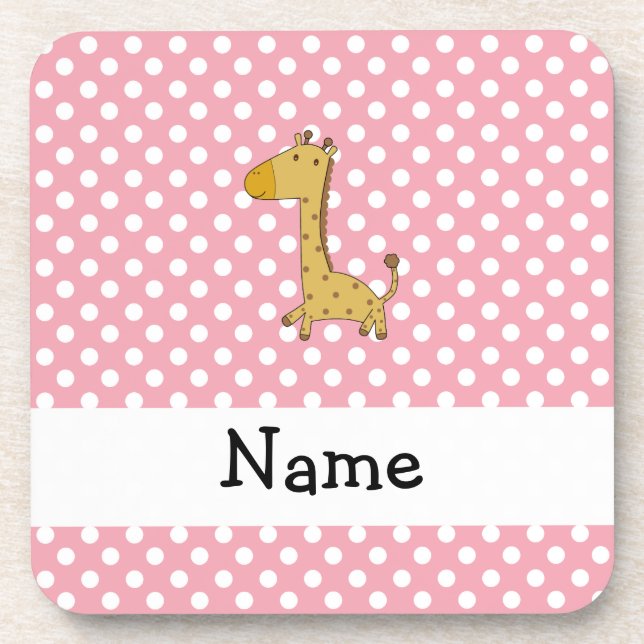 Personalized name giraffe pink polka dots coaster (Front)