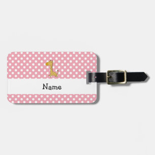 Personalized name giraffe pink polka dots luggage tag