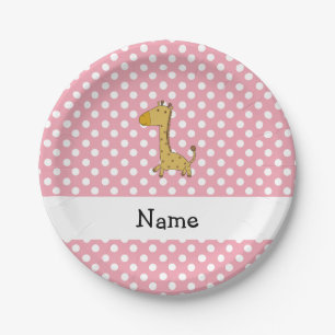Personalized name giraffe pink polka dots paper plate