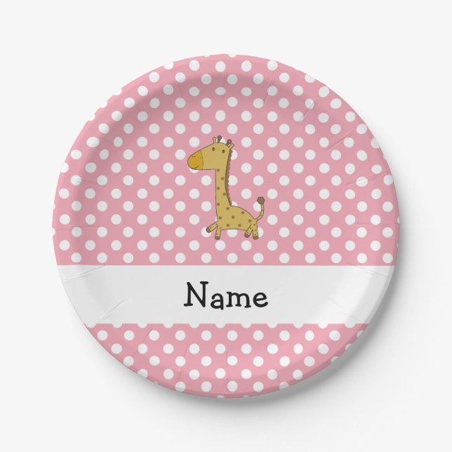Personalized name giraffe pink polka dots paper plate (Front)