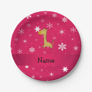 Personalized name giraffe pink snowflakes paper plate