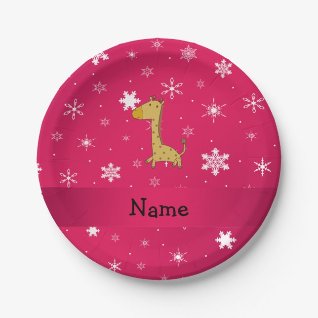 Personalized name giraffe pink snowflakes paper plate (Front)