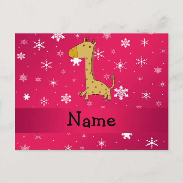 Personalized name giraffe pink snowflakes postcard (Front)