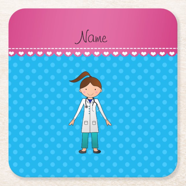 Personalized name girl doctor blue polka dots square paper coaster (Front)