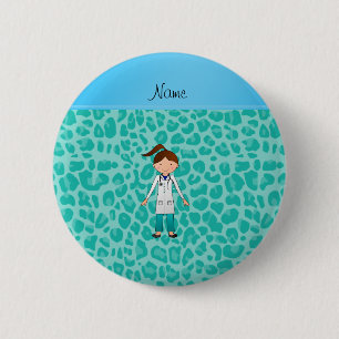 Personalized name girl doctor green leopard 2 inch round button